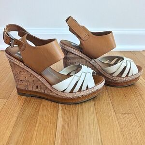 Women's Tan and White Wedge Sandals